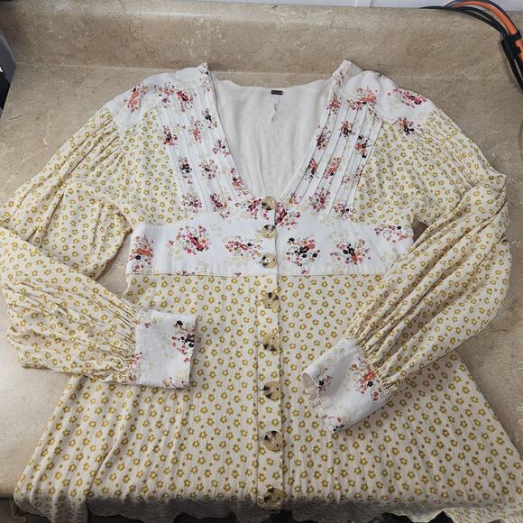 Free People Mini Dress Womens SZ M Floral Button Boho Hippie CottageCore Peasant - Picture 8 of 10